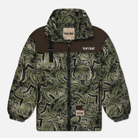 фото Мужской пуховик evisu daicock print patchwork godhead & kamon print down, цвет зелёный, размер s