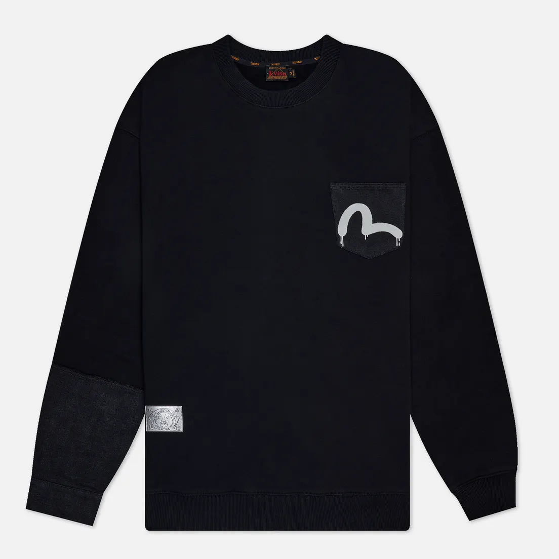 Evisu Мужская толстовка Seagull Print Denim Patchwork Crew Neck