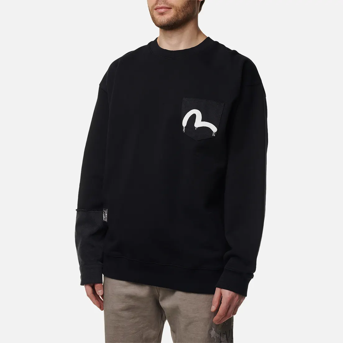 Evisu Мужская толстовка Seagull Print Denim Patchwork Crew Neck