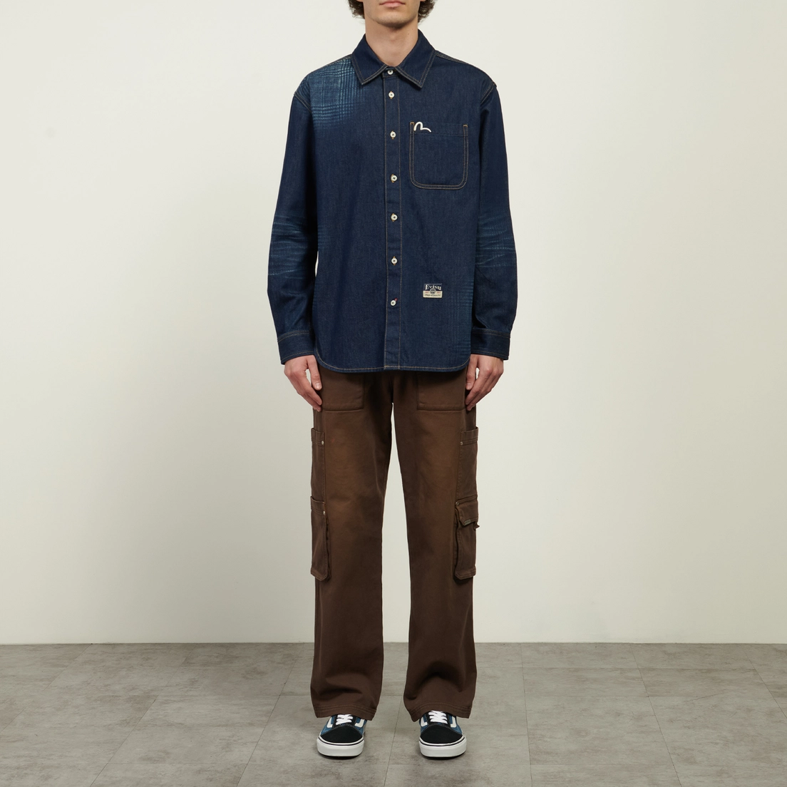 Evisu Мужская рубашка Handbrush Houndstooth Print Denim