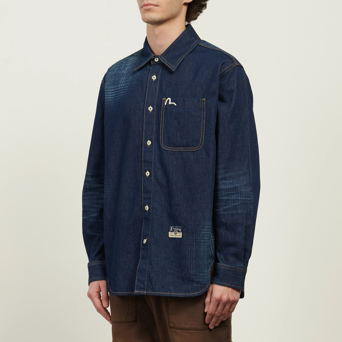 Evisu Мужская рубашка Handbrush Houndstooth Print Denim