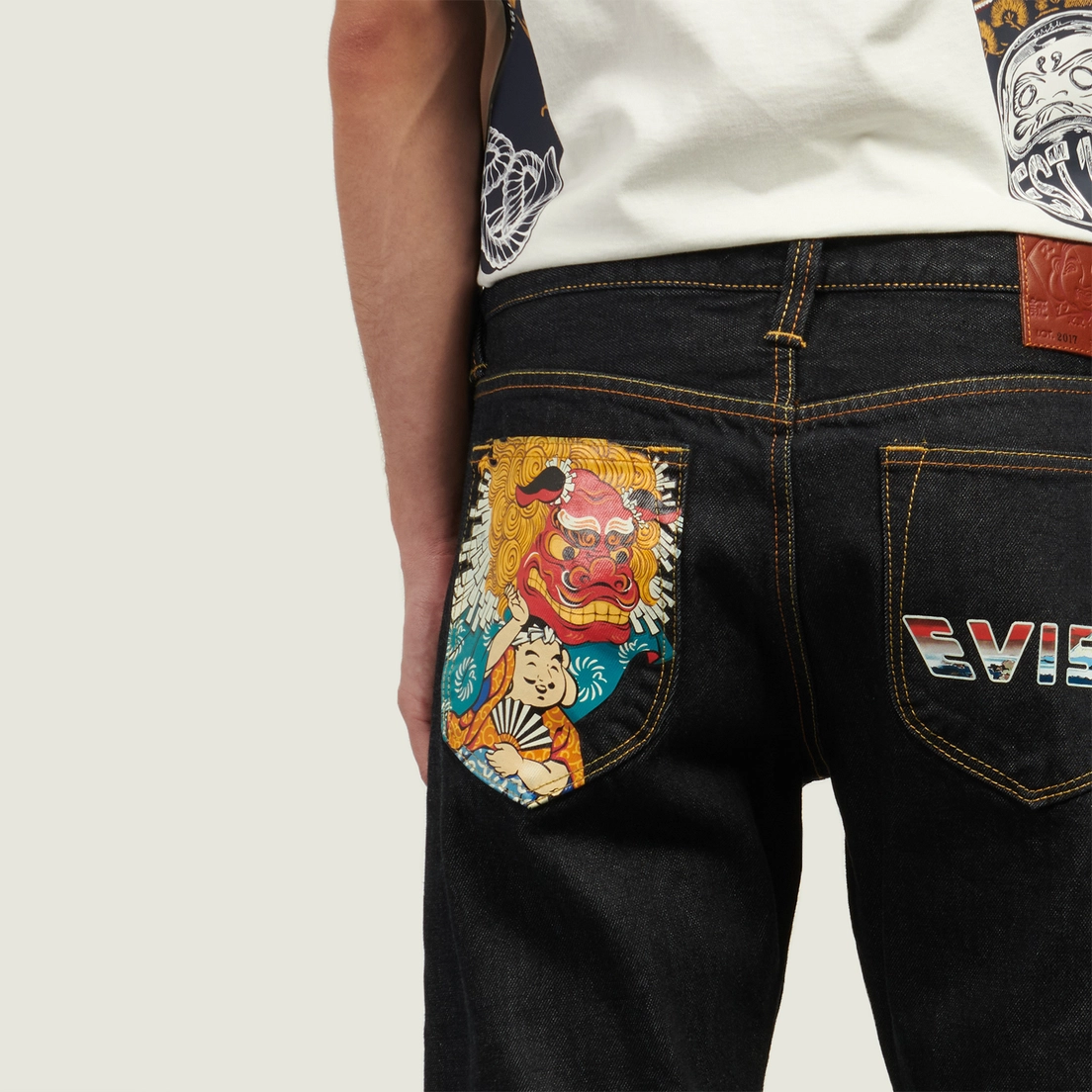 Evisu Мужские джинсы 2017 Taper Fit Godhead Lion Dance & Logo Print