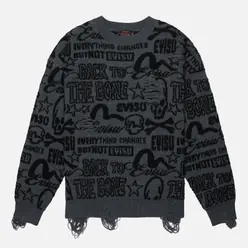 Evisu Мужской свитер Allover Logos Jacquard Oversized Distressed