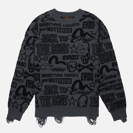 Мужской свитер Evisu Allover Logos Jacquard Oversized Distressed, цвет серый, размер XXL