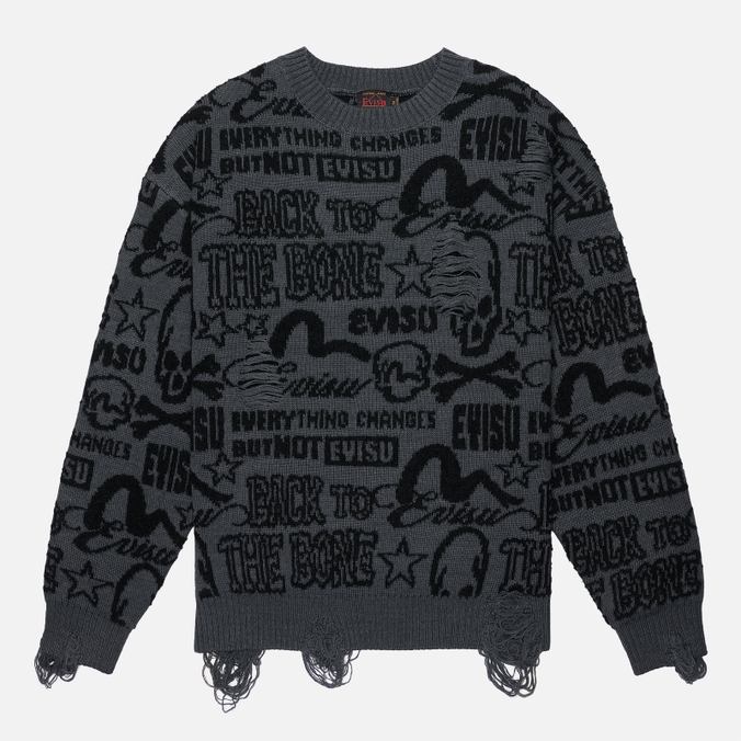 Мужской свитер Evisu Allover Logos Jacquard Oversized Distressed