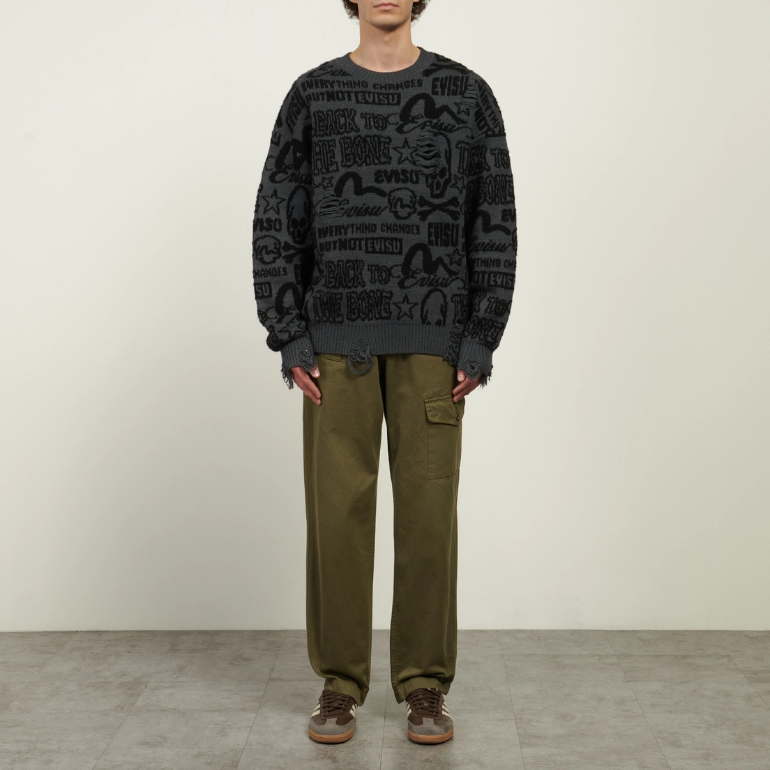Evisu Мужской свитер Allover Logos Jacquard Oversized Distressed