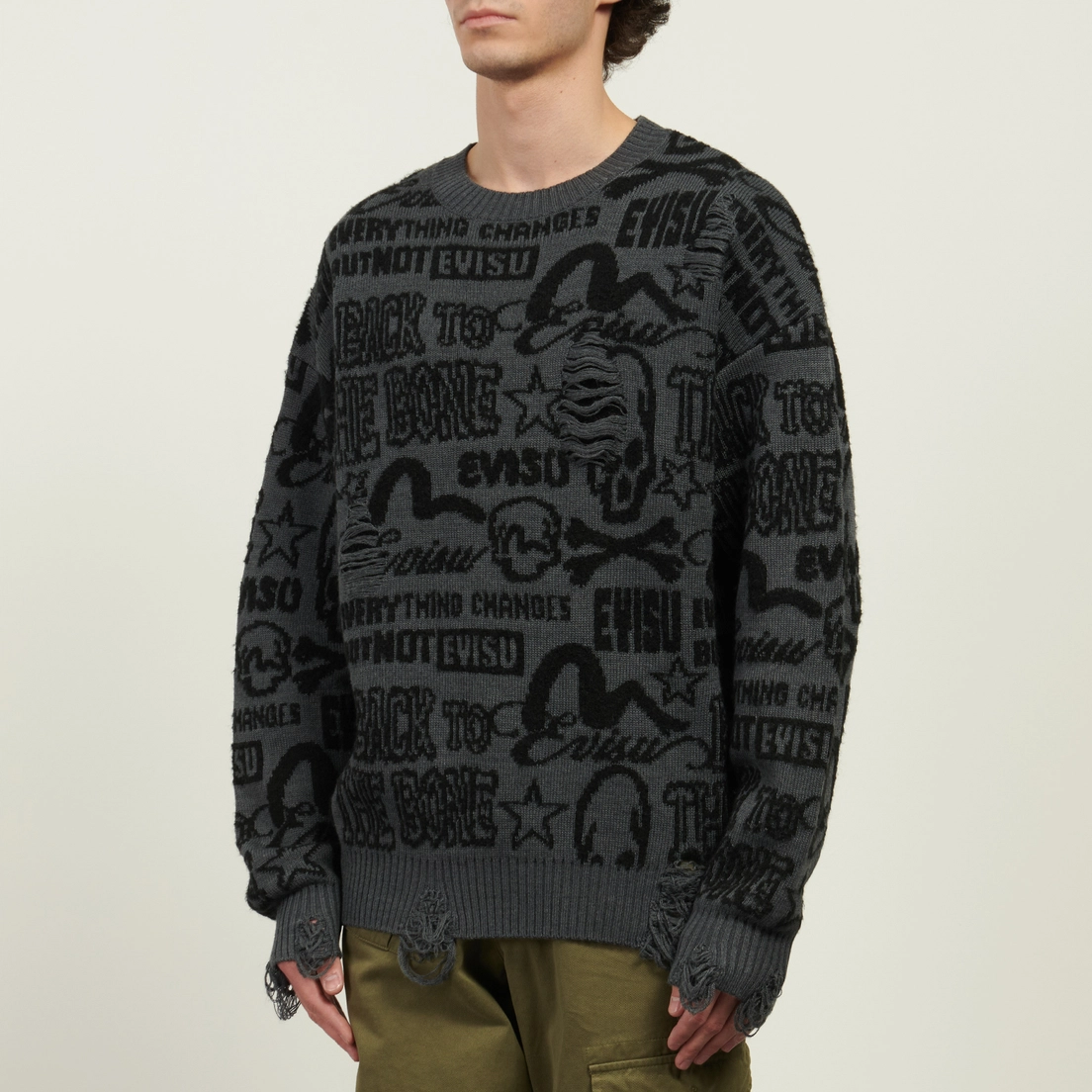 Evisu Мужской свитер Allover Logos Jacquard Oversized Distressed