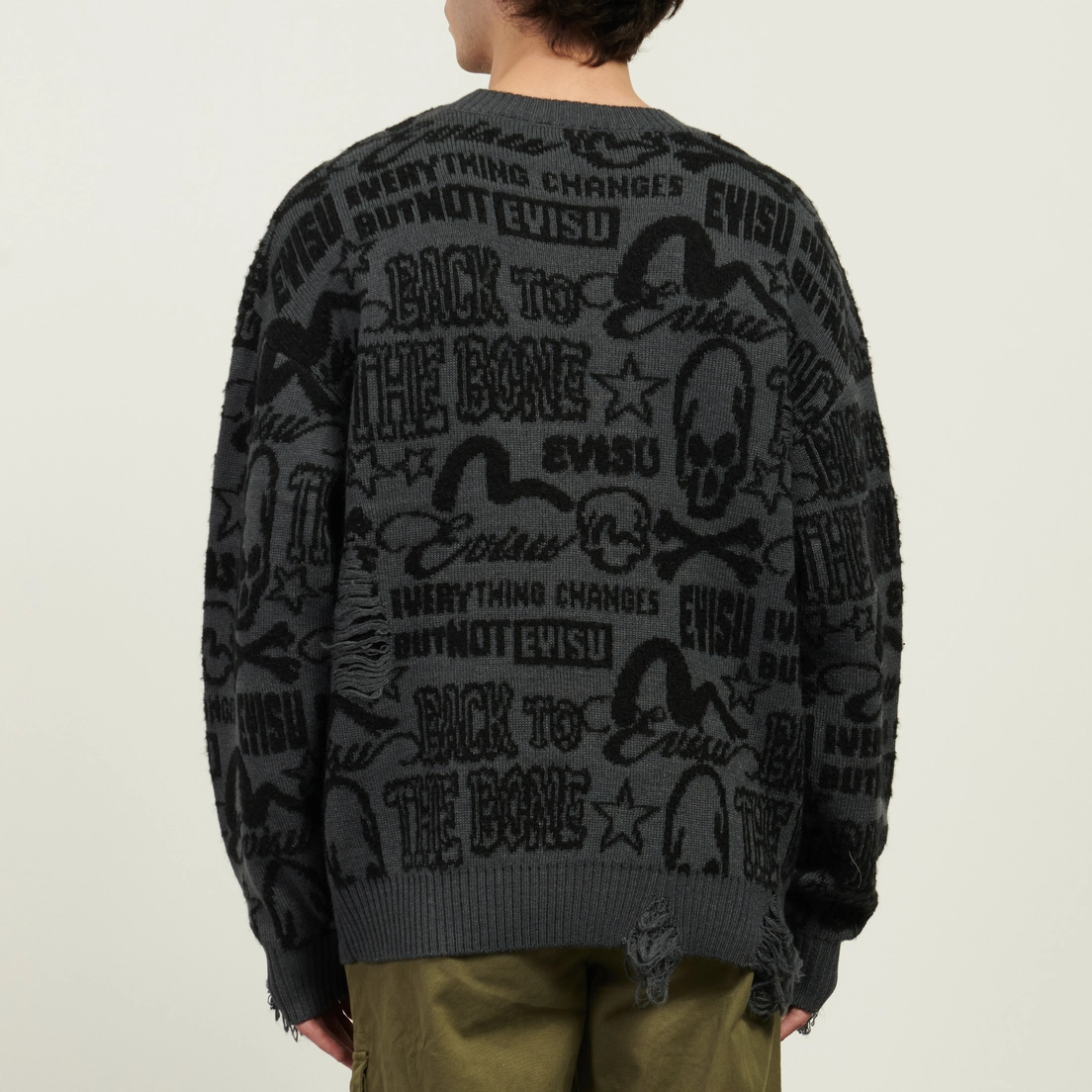 Evisu Мужской свитер Allover Logos Jacquard Oversized Distressed