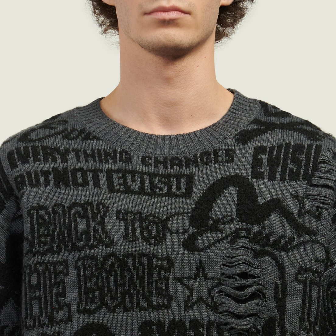 Evisu Мужской свитер Allover Logos Jacquard Oversized Distressed