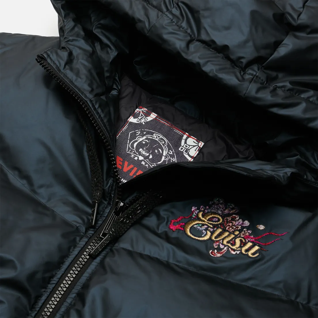 Evisu Женский пуховик Dragon Head & Kamon Embroidered Glossy