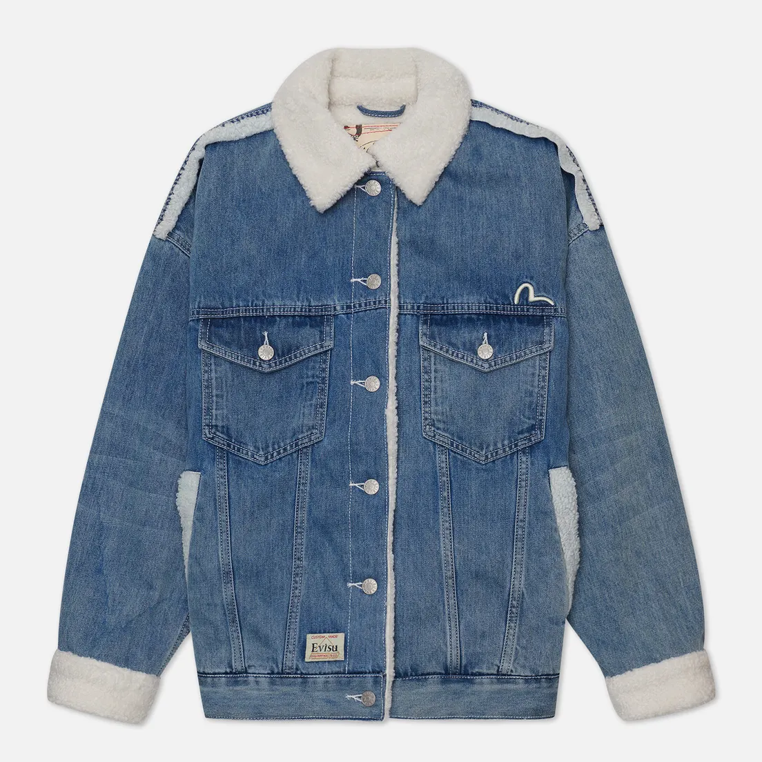Evisu Женская джинсовая куртка Daruma & Fortune Cat Embroidered Sherpa-Lined Denim