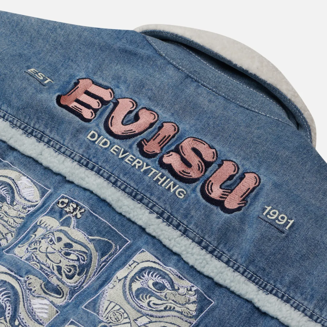 Evisu Женская джинсовая куртка Daruma & Fortune Cat Embroidered Sherpa-Lined Denim