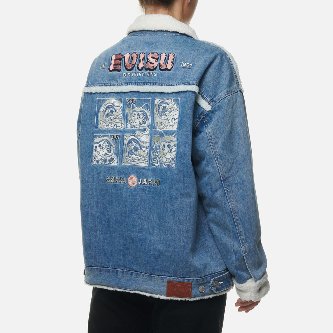 Evisu Женская джинсовая куртка Daruma & Fortune Cat Embroidered Sherpa-Lined Denim