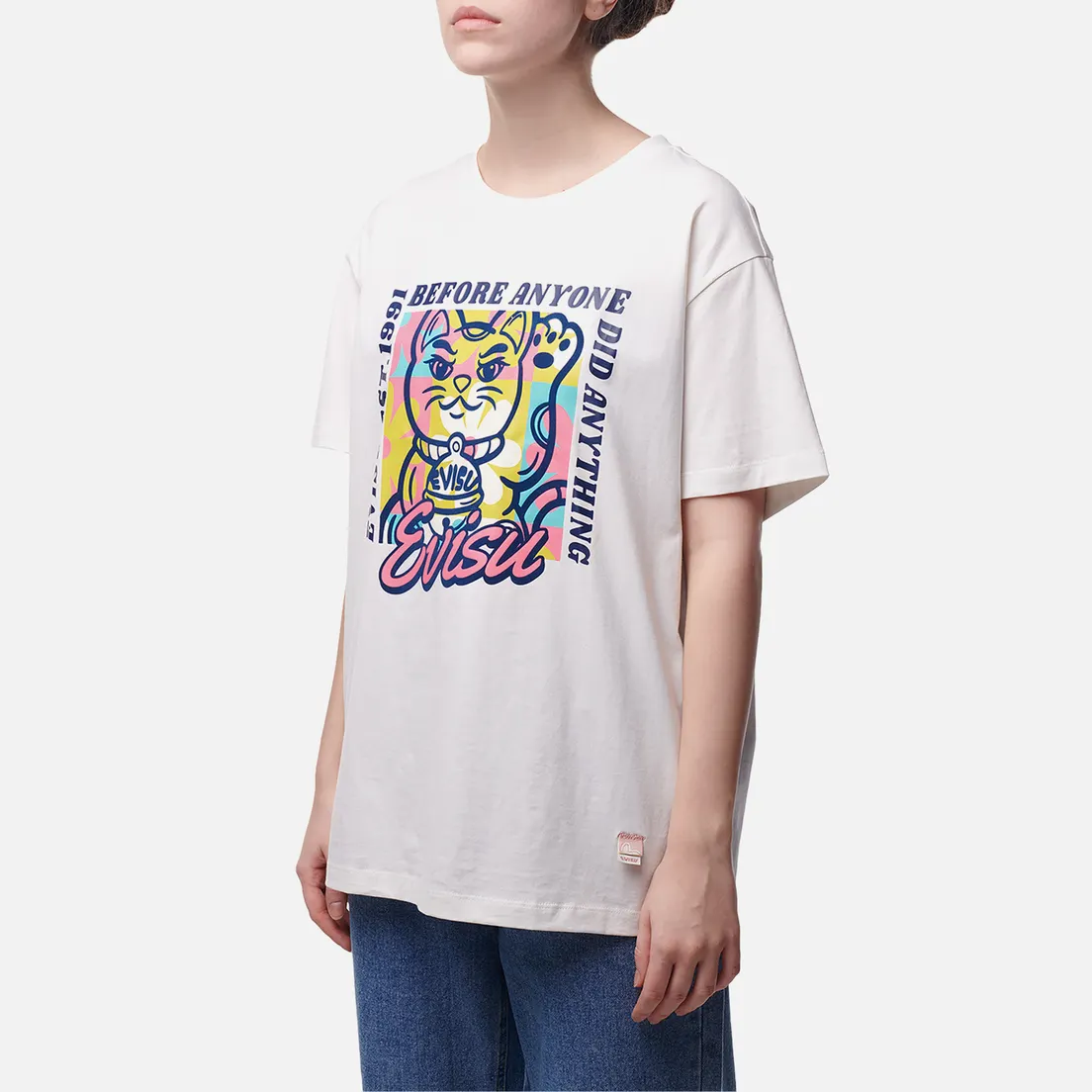 Evisu Женская футболка Cat With Slogan Plastisol Printed & Flocking