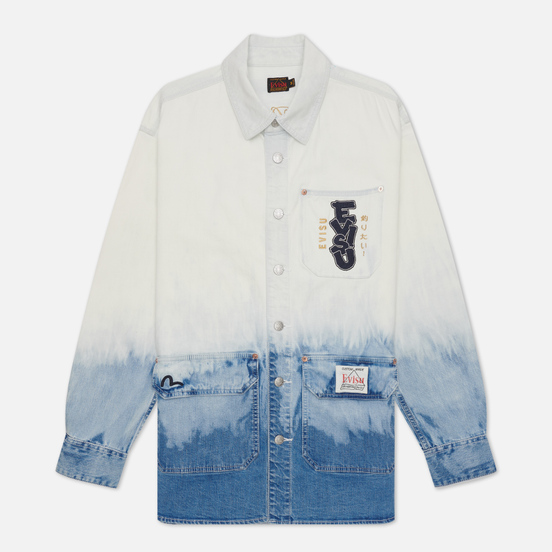 Мужская рубашка Evisu Tie-Dye Denim Evisu-Sake Print Indigo Tie Dye/Bleached