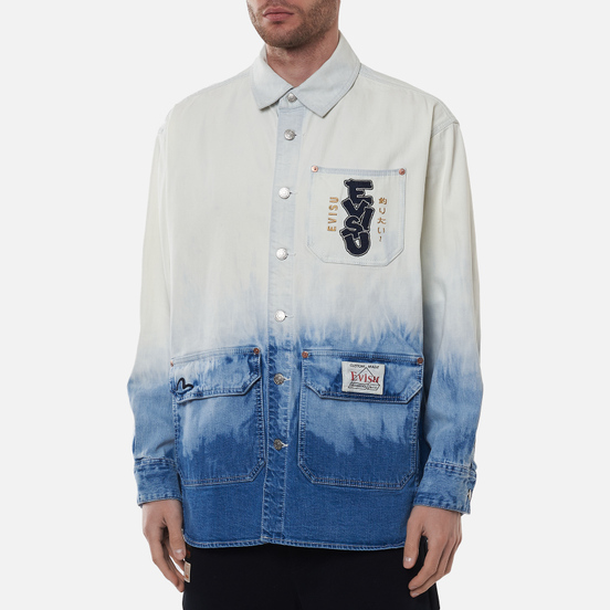 Мужская рубашка Evisu Tie-Dye Denim Evisu-Sake Print Indigo Tie Dye/Bleached
