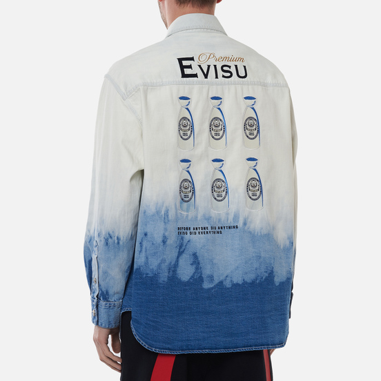 Мужская рубашка Evisu Tie-Dye Denim Evisu-Sake Print Indigo Tie Dye/Bleached