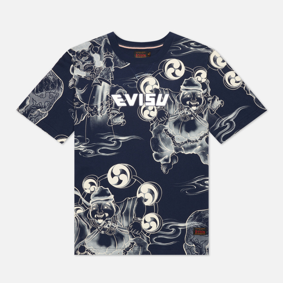 Мужская футболка Evisu Fujin-Raijin Greyscale All Over Printed Dark Navy