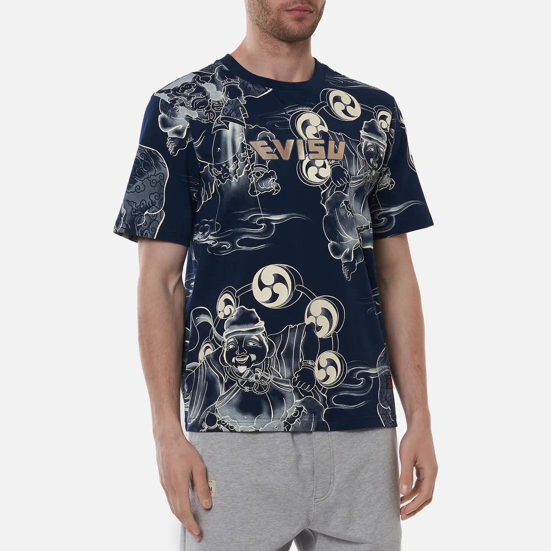 Evisu Мужская футболка Fujin-Raijin Greyscale All Over Printed
