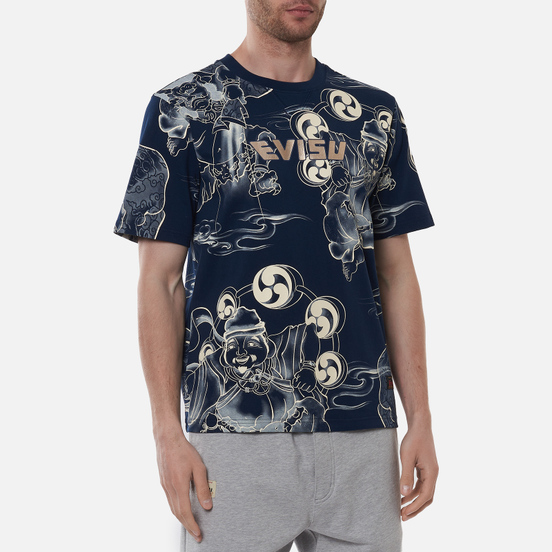 Мужская футболка Evisu Fujin-Raijin Greyscale All Over Printed Dark Navy