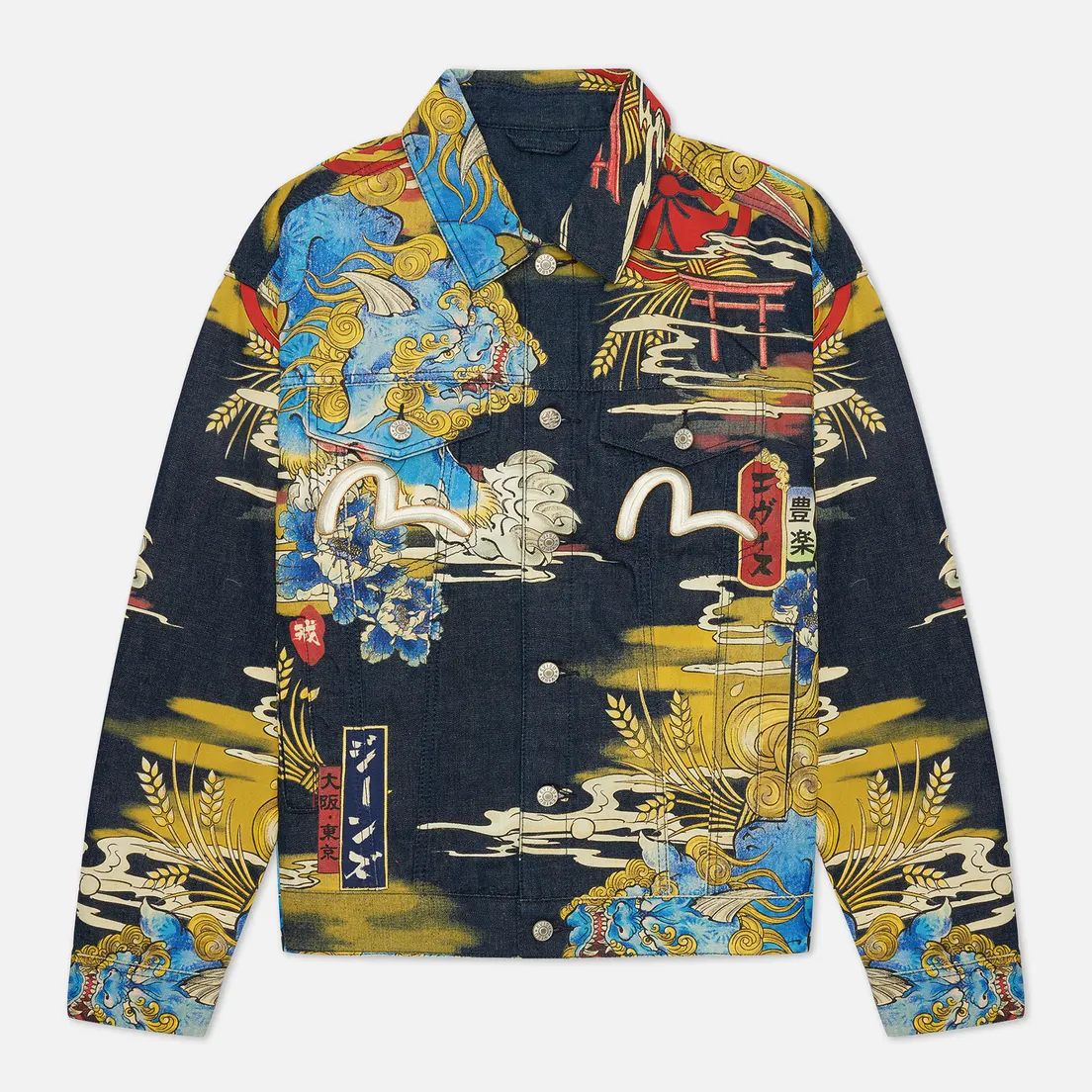 Evisu Мужская джинсовая куртка Heritage Komainu Vintage Japanese All Over Print Denim
