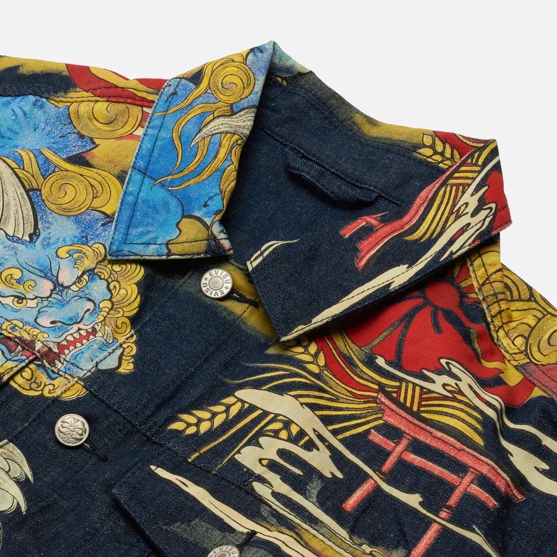 Evisu Мужская джинсовая куртка Heritage Komainu Vintage Japanese All Over Print Denim
