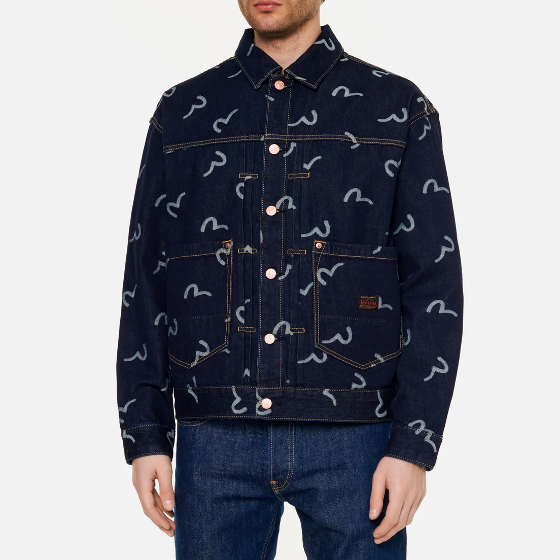 Evisu Мужская джинсовая куртка Heritage All Over Jacquard Seagull Loose Fit Denim