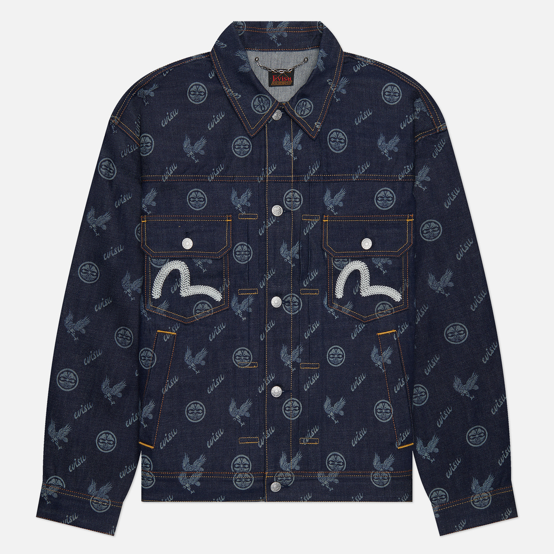 Evisu Мужская джинсовая куртка Seagull Embroidered & Kamon Eagle All Over Print Denim