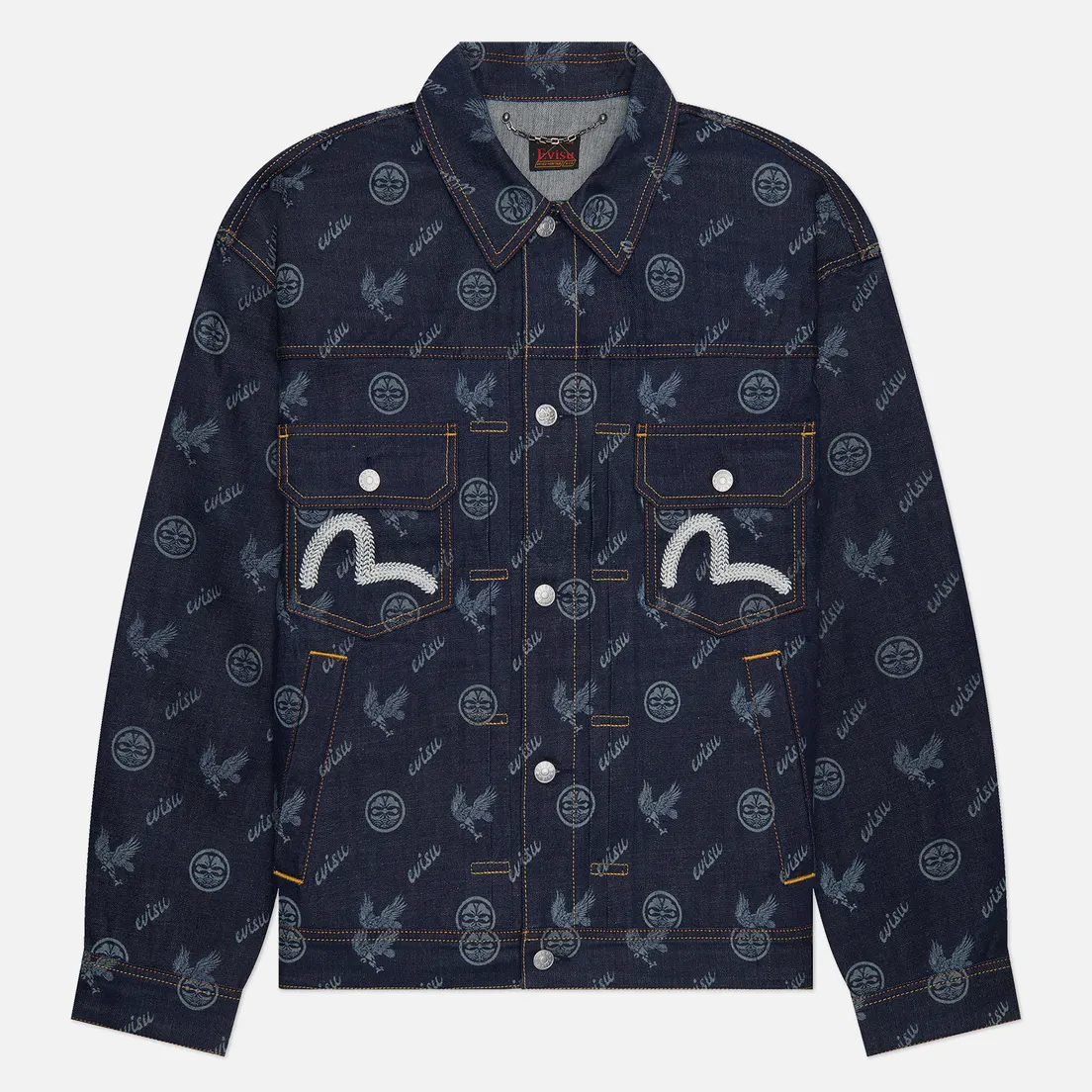 Evisu Мужская джинсовая куртка Seagull Embroidered & Kamon Eagle All Over Print Denim