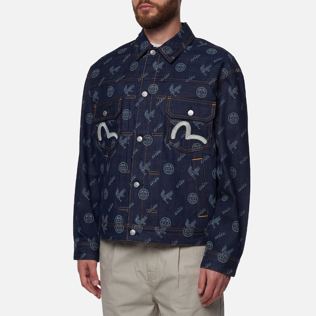 Evisu Мужская джинсовая куртка Seagull Embroidered & Kamon Eagle All Over Print Denim