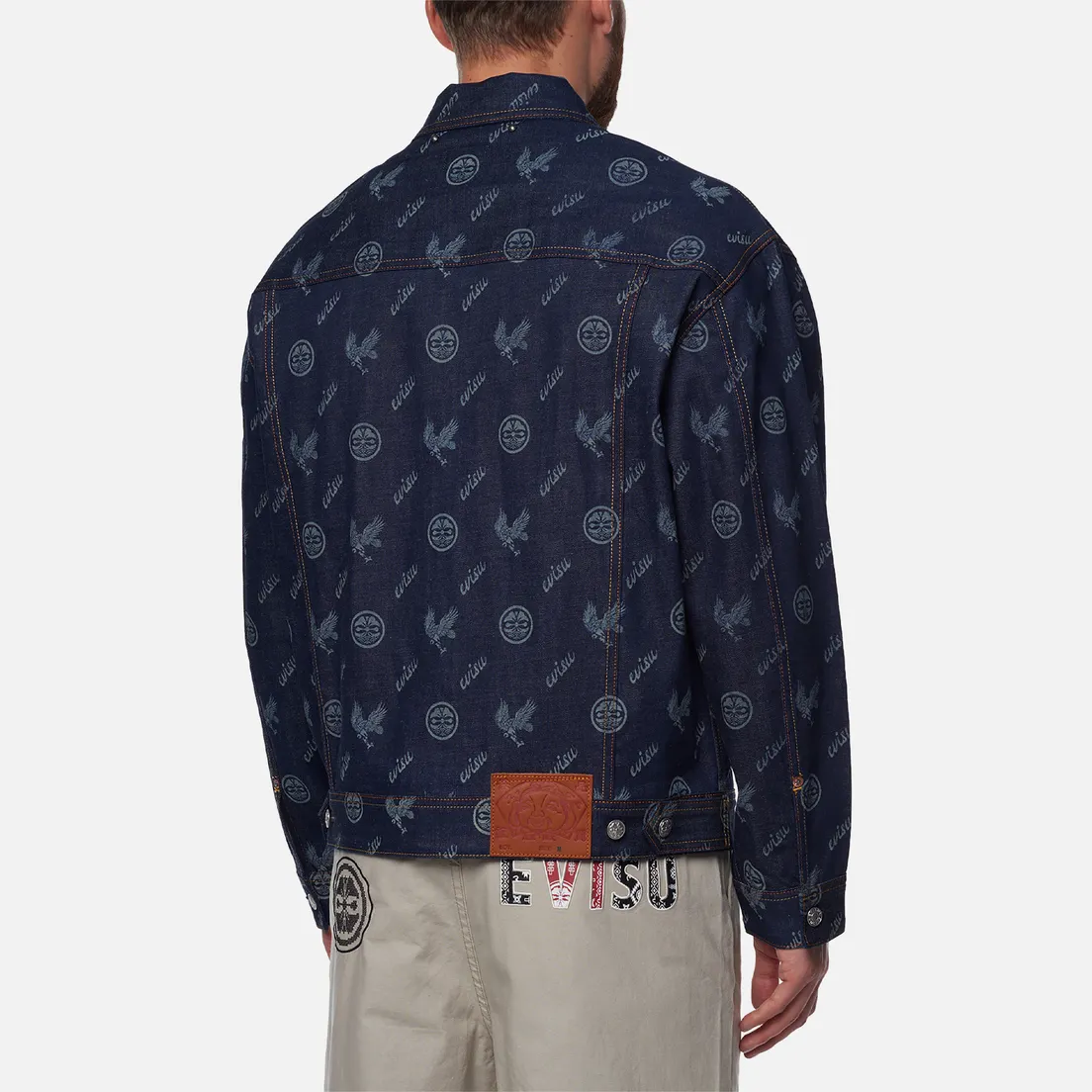 Evisu Мужская джинсовая куртка Seagull Embroidered & Kamon Eagle All Over Print Denim