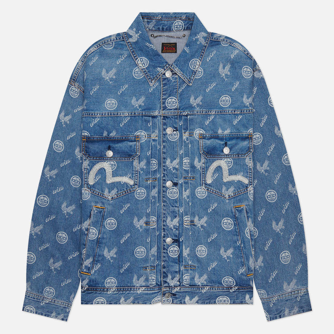 Evisu Мужская джинсовая куртка Seagull Embroidered & Kamon Eagle All Over Print Denim
