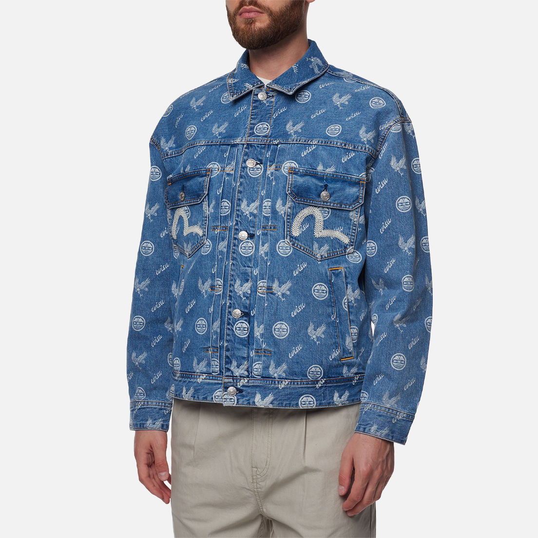 Evisu Мужская джинсовая куртка Seagull Embroidered & Kamon Eagle All Over Print Denim