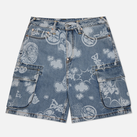 фото Мужские шорты evisu heritage graffiti daruma all over discharged denim cargo, цвет голубой, размер 30