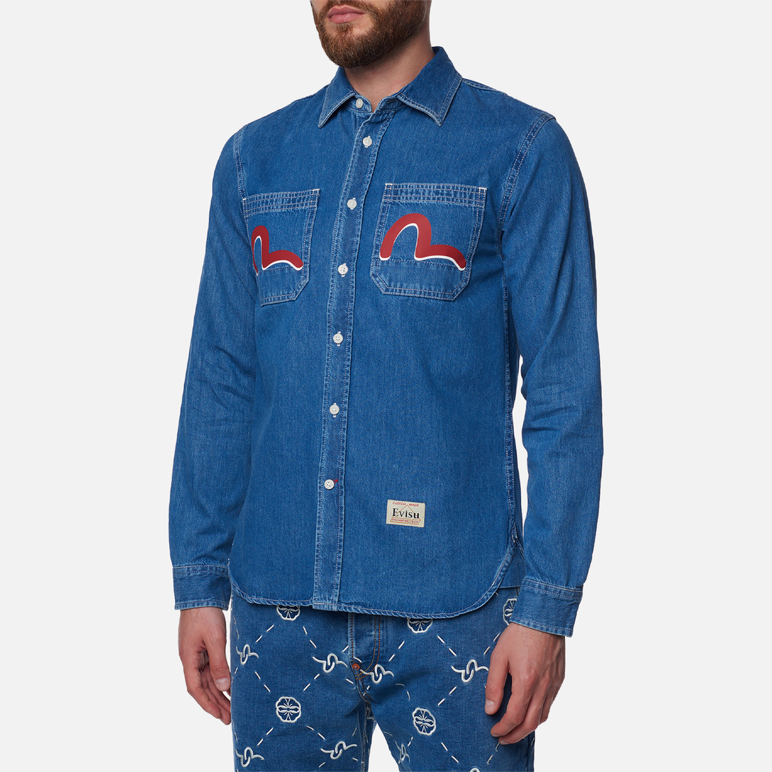 Evisu Мужская рубашка Heritage Graffiti Daruma Daicock Printed Denim