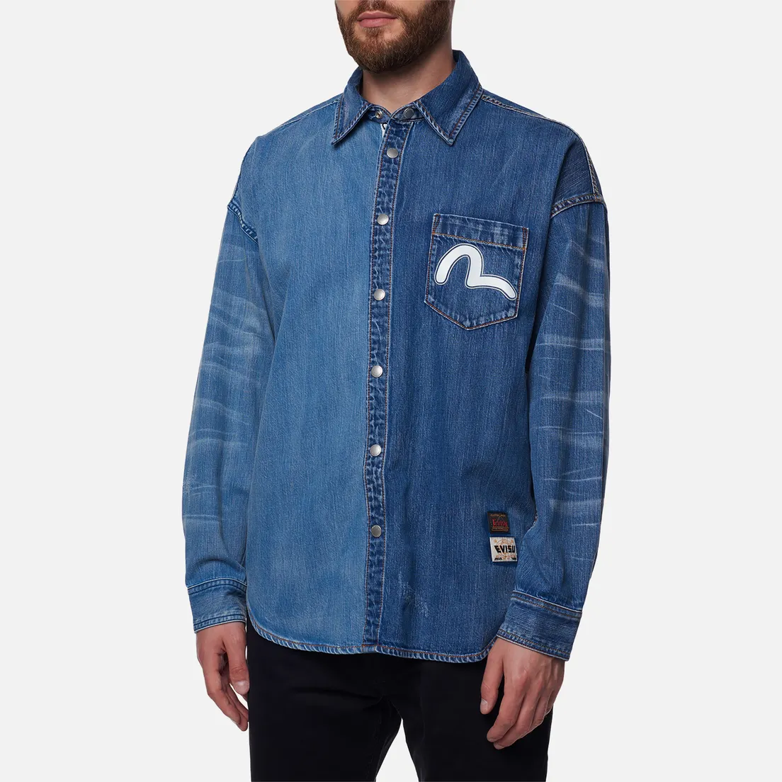 Evisu Мужская рубашка Evisu & Seagull Print Embroidered Half Patch Denim
