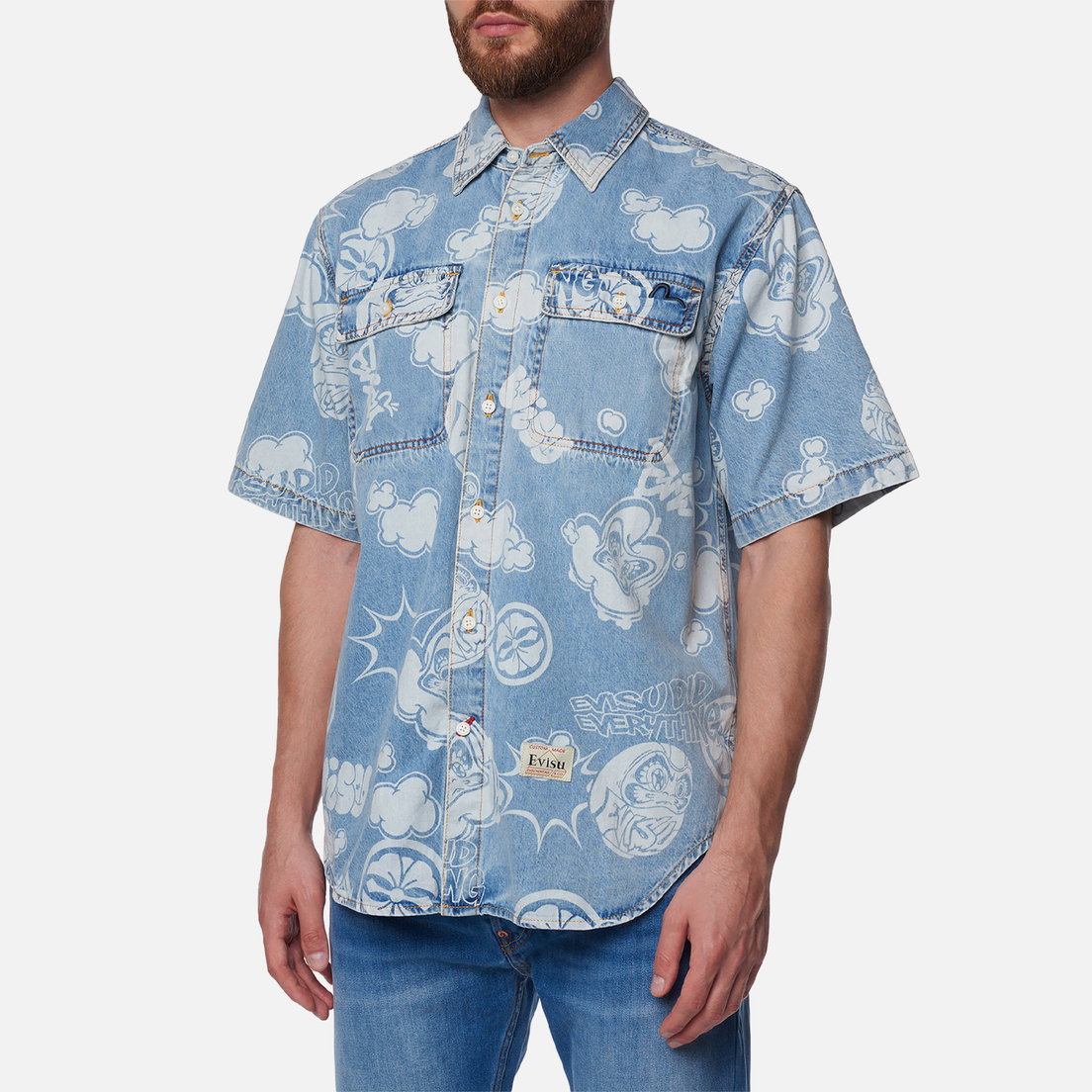 Evisu Мужская рубашка Heritage Graffiti Discharged All Over Print Denim