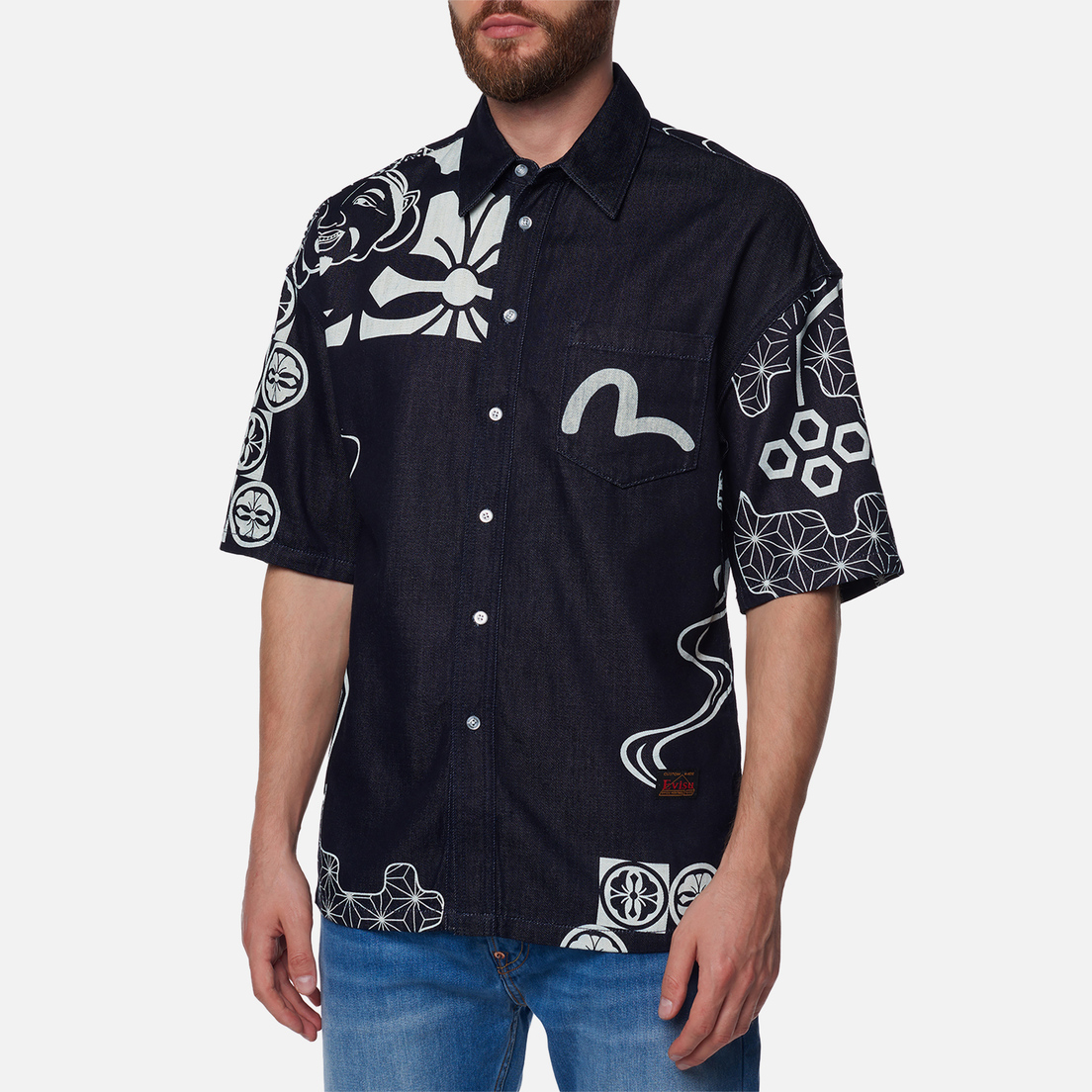 Evisu Мужская рубашка Seagull Embroidered Kamon Decorative Print