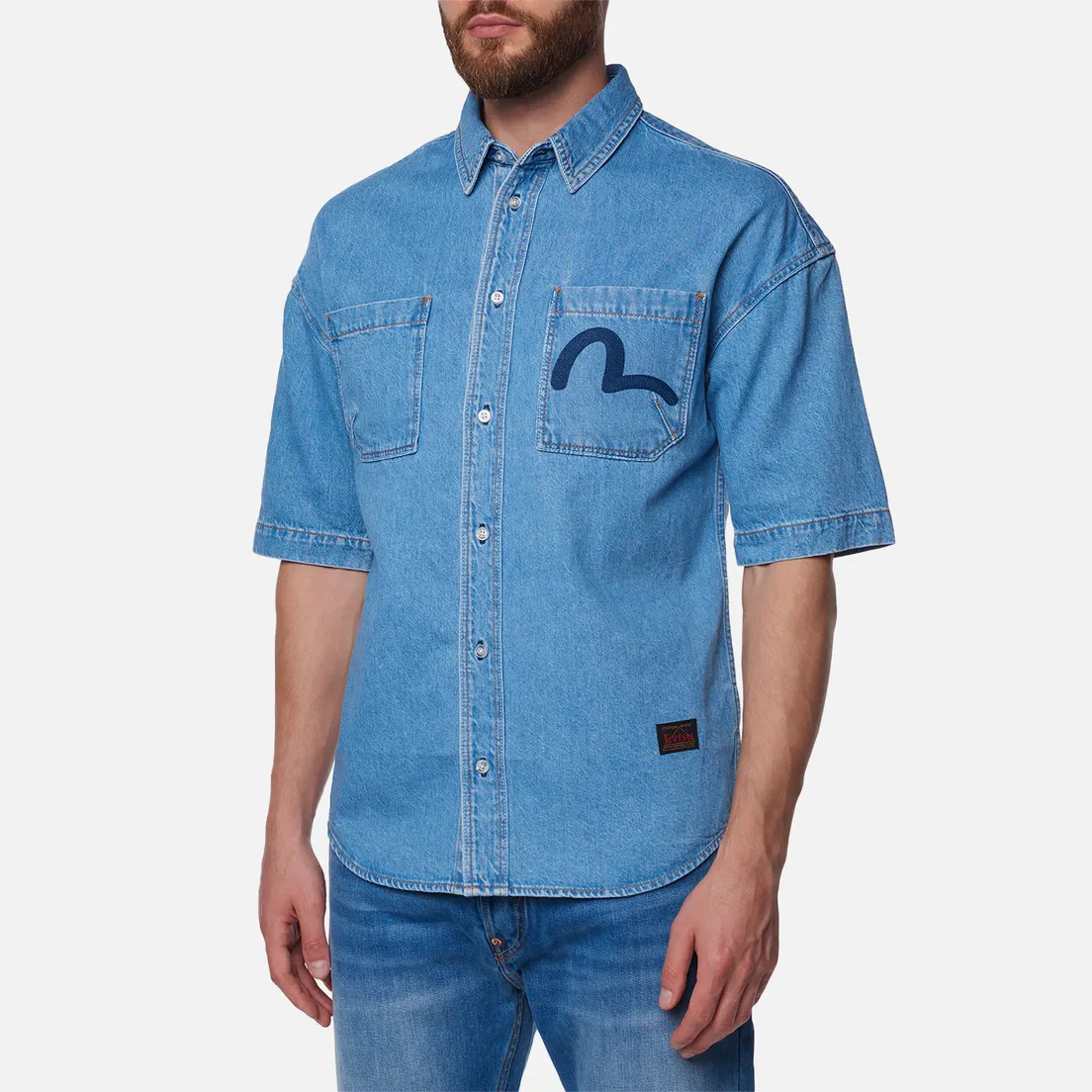 Evisu Мужская рубашка Tone On Tone Seagull & Eagle Embroidered Denim