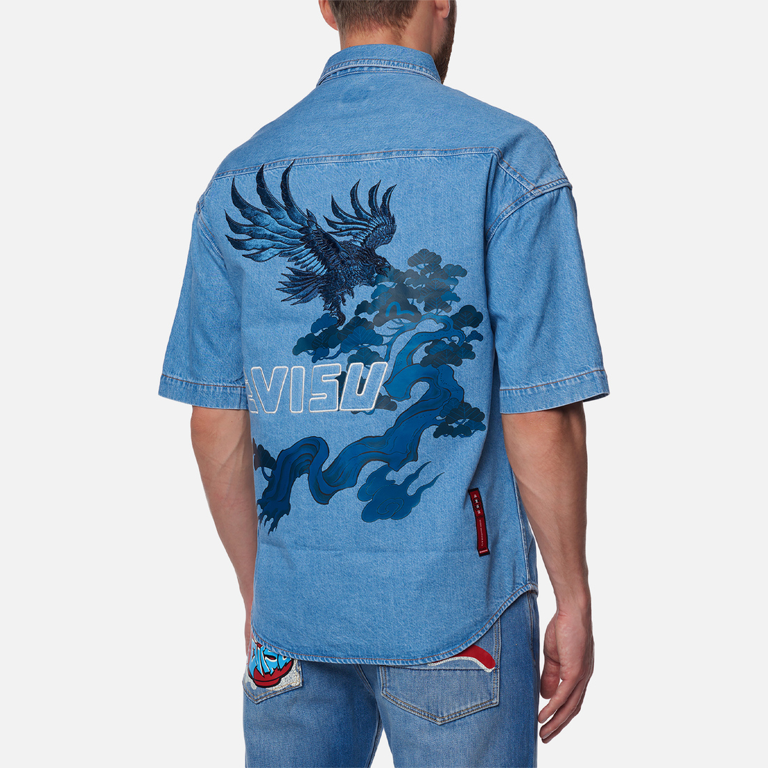 Evisu Мужская рубашка Tone On Tone Seagull & Eagle Embroidered Denim