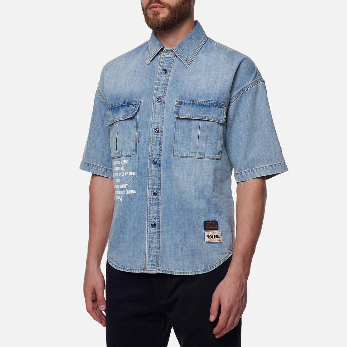 Evisu Мужская рубашка Collage Baby Godhead Print & Embroidered Denim