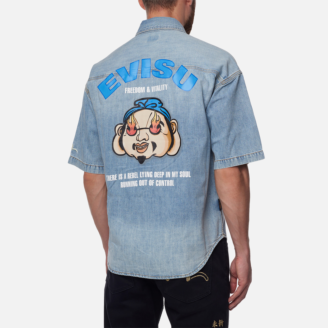 Evisu Мужская рубашка Collage Baby Godhead Print & Embroidered Denim