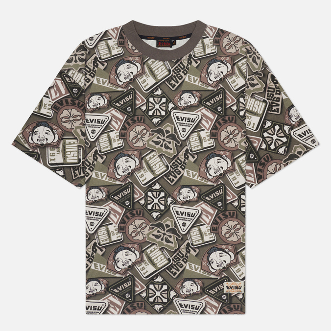 Мужская футболка Evisu Multi Badges All Over Print, цвет оливковый