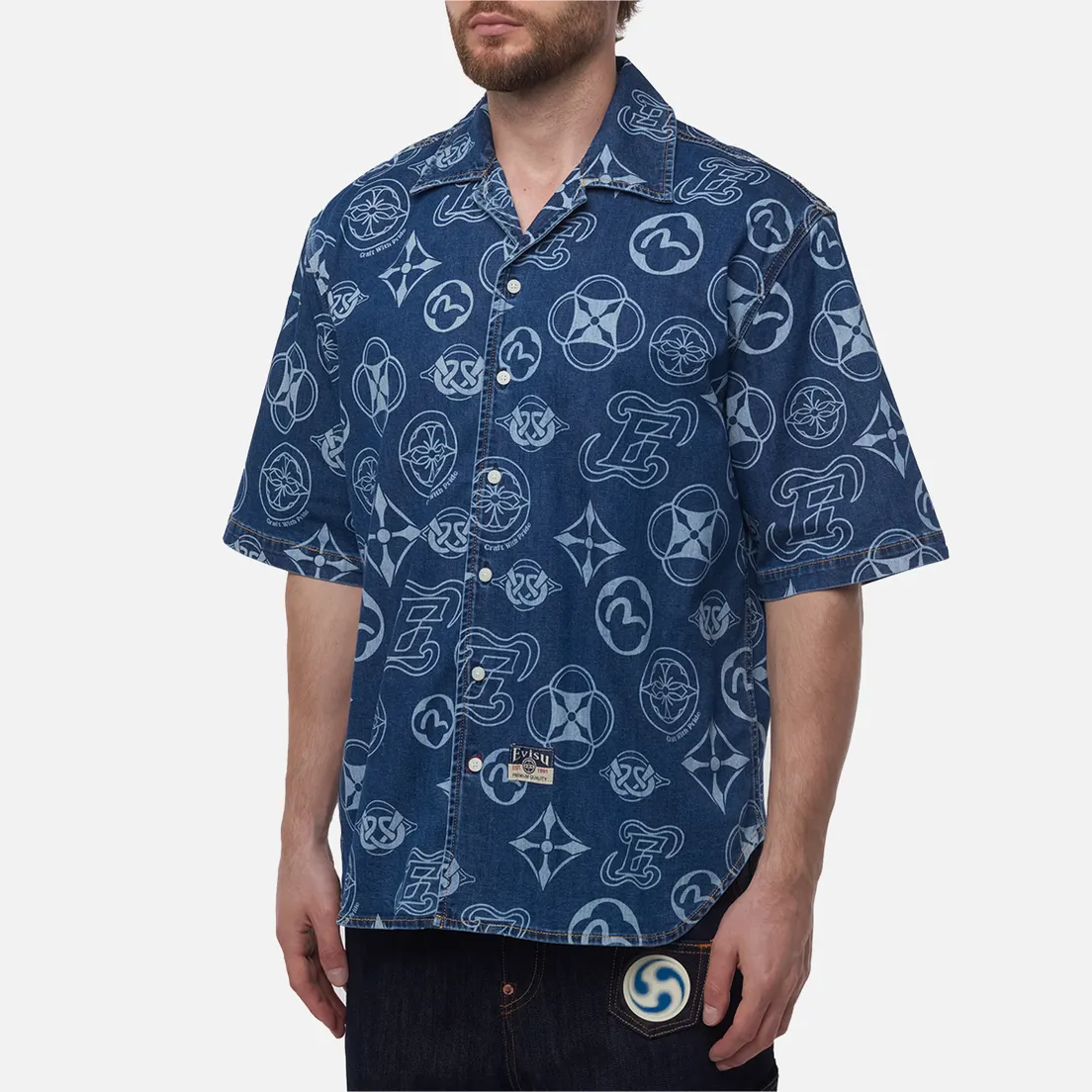Evisu Мужская рубашка Heritage Monogram All Over Print Denim