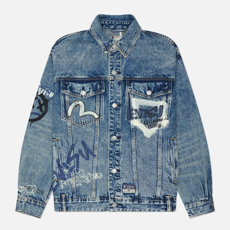 Мужская джинсовая куртка Evisu Heritage Graffiti Printed Denim, цвет синий, размер XL