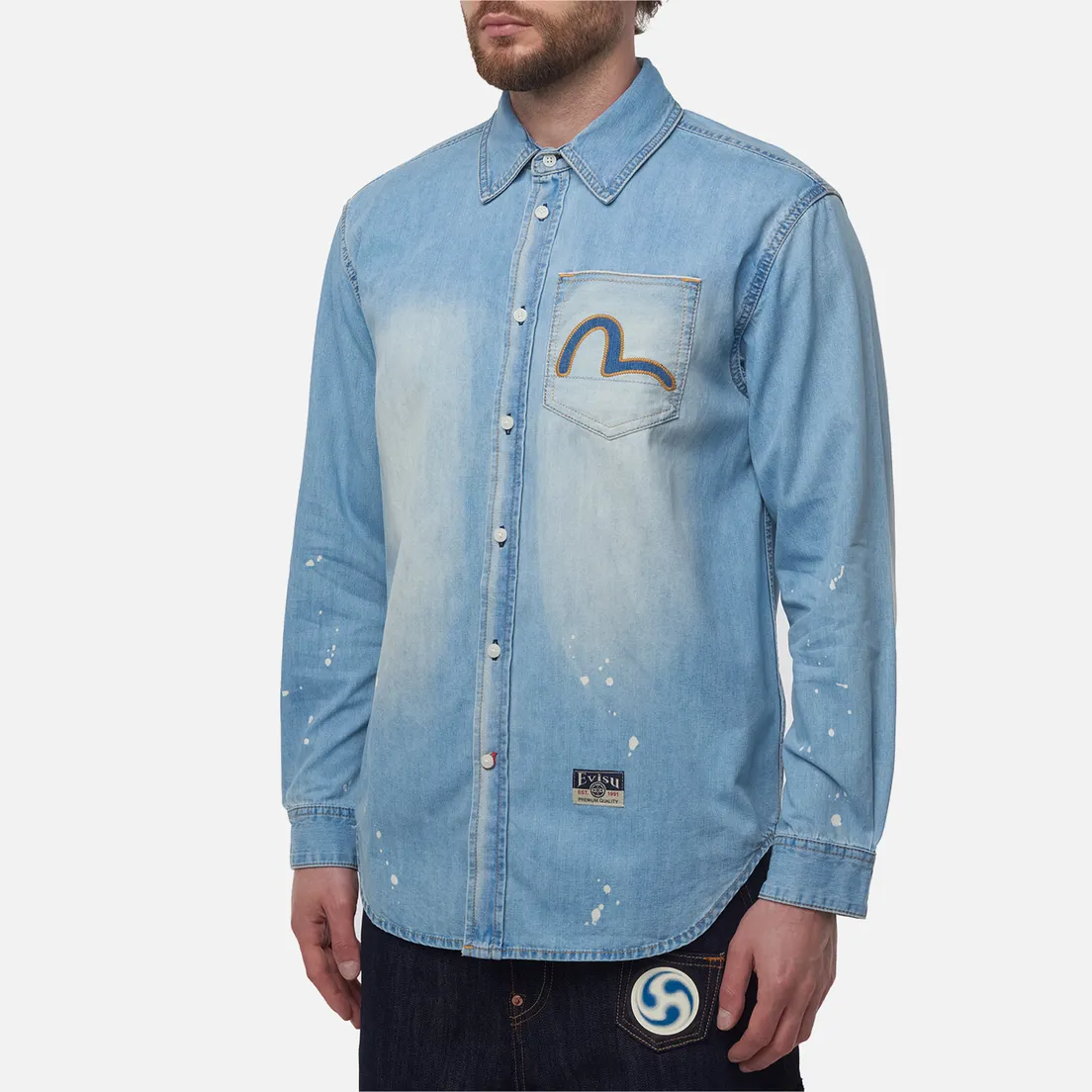 Evisu Мужская рубашка Heritage Inserted Seagull Pocket Denim