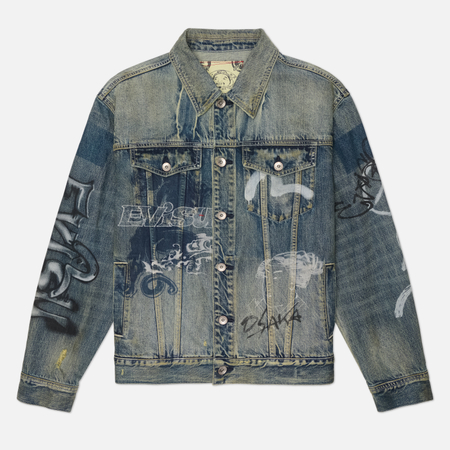 Мужская джинсовая куртка Evisu Heritage All Over Graffiti Printed Denim, цвет голубой, размер M