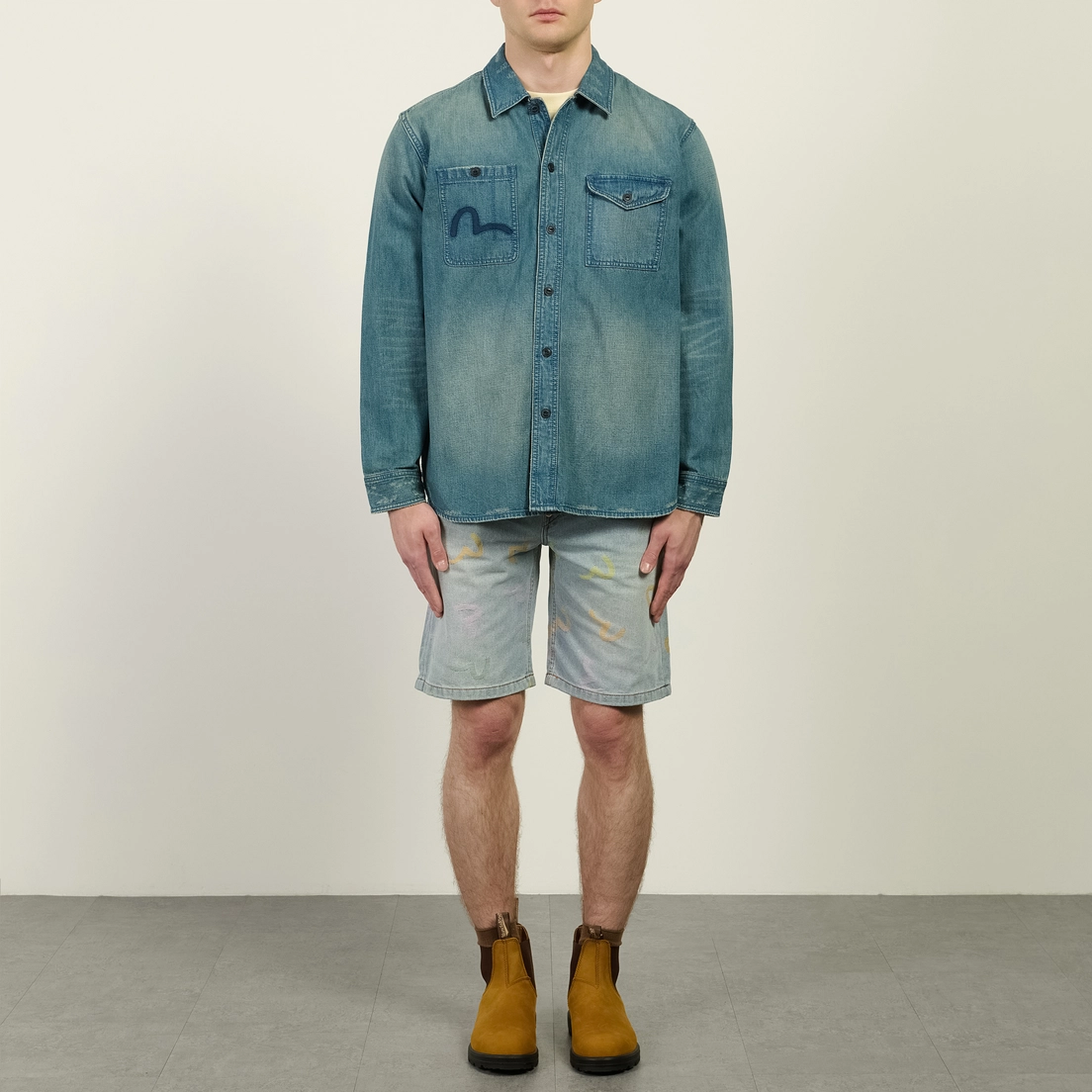 【最終値下げ】SKOOT ASH DELUXE DENIM SHORT Мужские шорты Evisu Heritage All Over Seagull Jacquard Denim