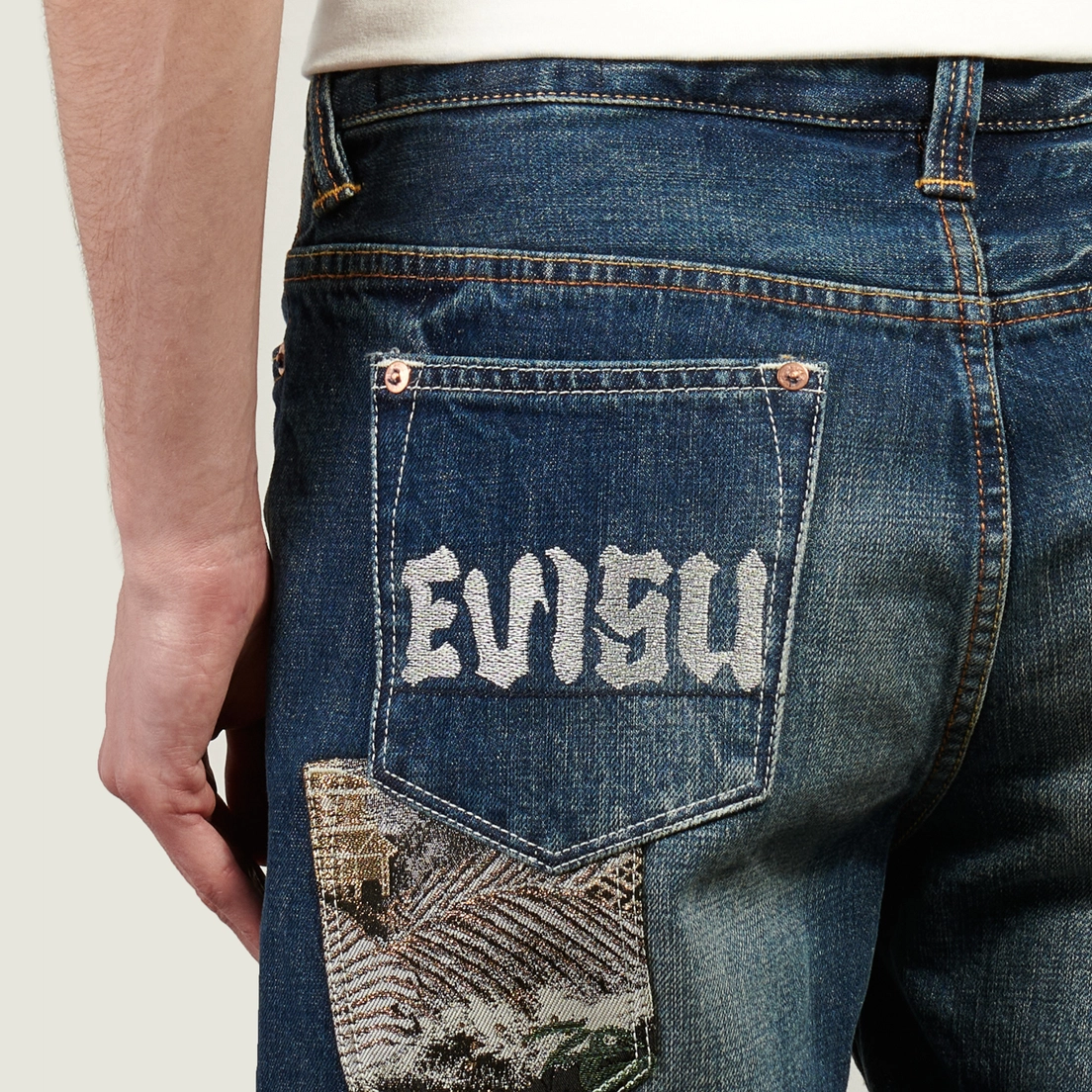 Evisu Мужские шорты Heritage Multi-Pocket Denim Brocade Patch
