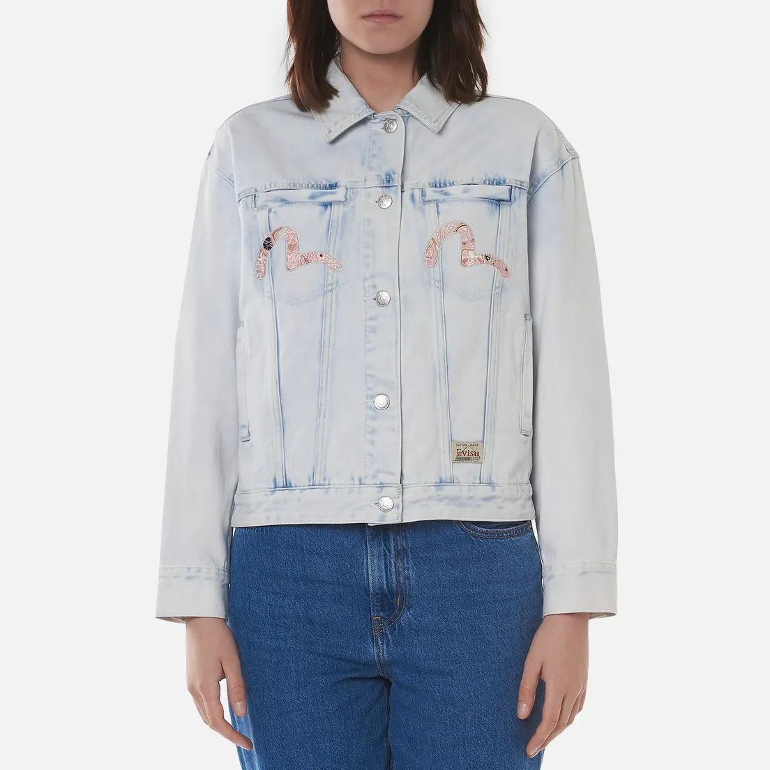 Evisu Женская джинсовая куртка Godhead x Bonsai Foil Embroidered Acid Washed